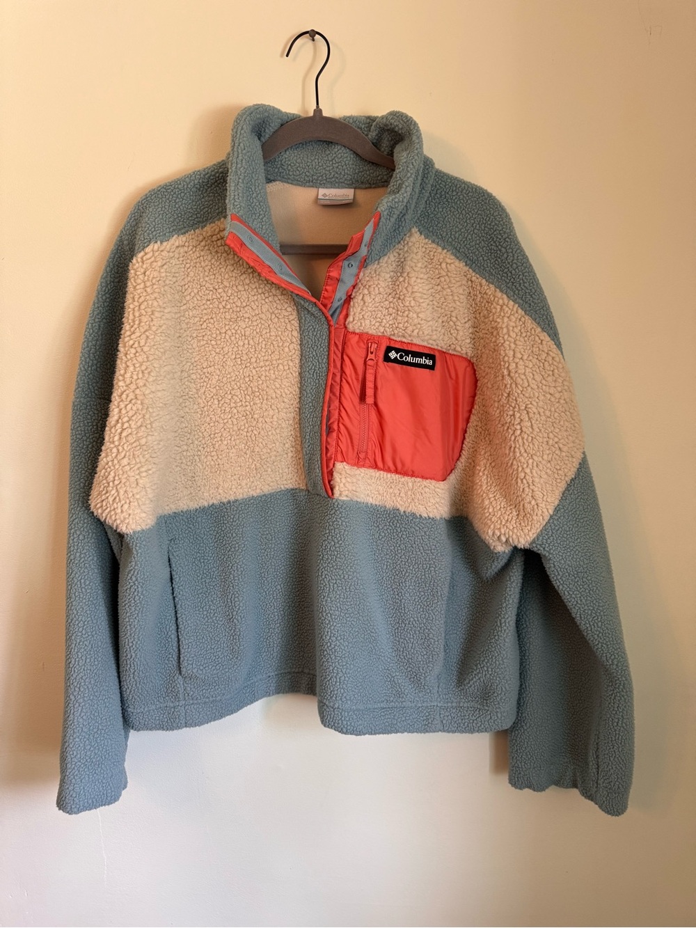 Columbia Sherpa-Lined Pullover - Coral, Blue & Cream - Size 2X